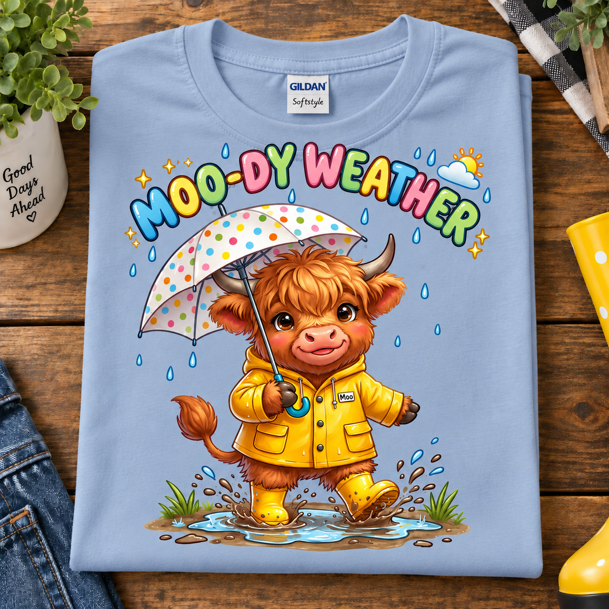 Moo-dy Weather Highland Cow Youth Graphic T-Shirt