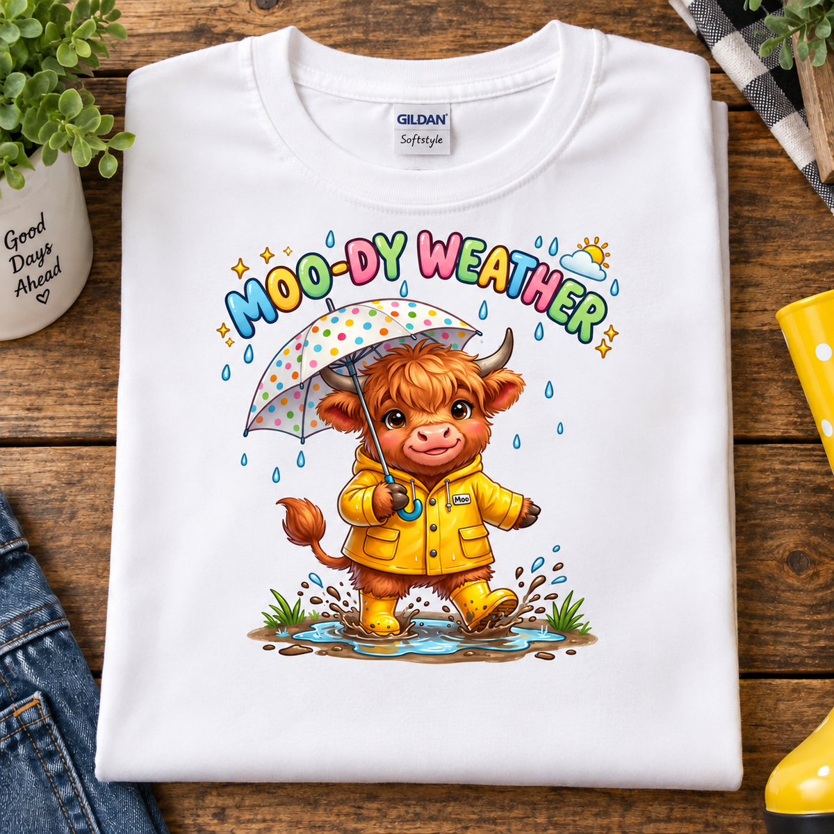 A folded white Gildan Softee-style T-shirt laid flat on a wooden surface, featuring a colorful cartoon illustration of a cow in a yellow raincoat holding a polka-dot umbrella under the words 'MOO-DY WEATHER.' Surrounding props include a potted plant, denim fabric, a yellow rain boot, and a checkered cloth.