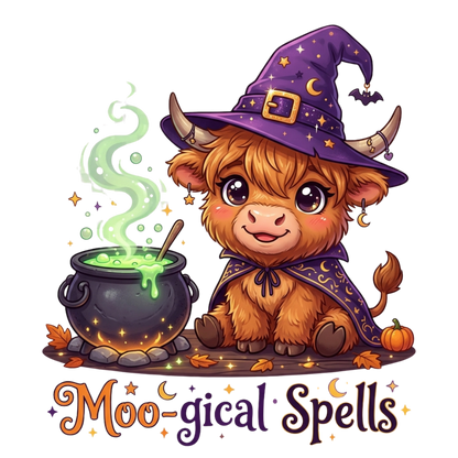 A cute cartoon illustration of a fluffy brown cow wearing a purple witch hat and cape beside a bubbling cauldron with green potion, with the text 'Moo-gical Spells' below on a white background.