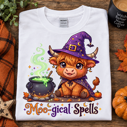 A white Gildan Softstyle T-shirt laid flat on a rustic wooden surface, featuring a cute cartoon witch goat character in a purple hat and cape beside a cauldron with green potion and the text 'Moo-gical Spells.' Decorative autumn props, a plaid blanket, leaves, and a mug are arranged around the shirt.