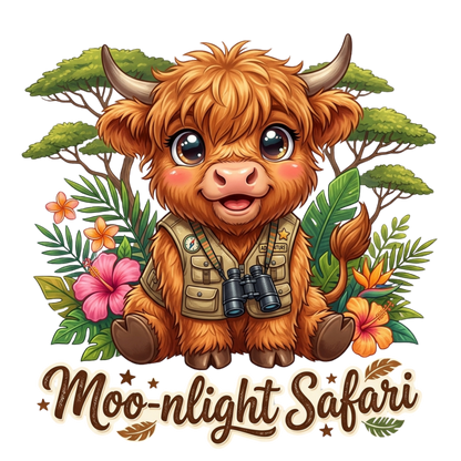 A cartoon highland cow character with horns, wearing a safari vest and binoculars, surrounded by tropical leaves, flowers, and the text 'Moo-nlight Safari' on a white background.
