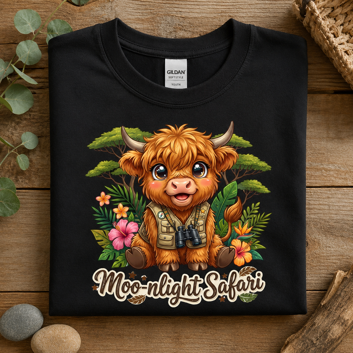 A folded black Gildan t-shirt with a colorful cartoon illustration of a fluffy orange Highland cow wearing a safari vest and binoculars, surrounded by tropical flowers and leaves, with the text 'Moo-night Safari' below. 