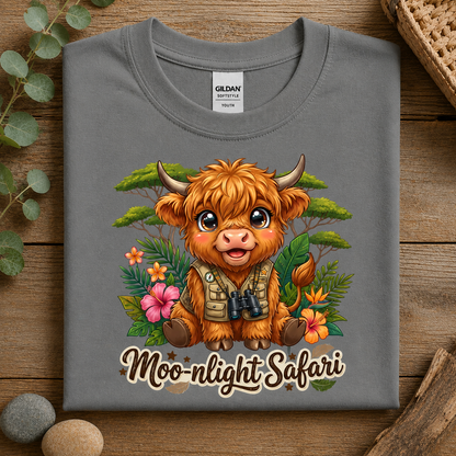 A folded heather graphite Gildan Comfort Colors T-shirt with a colorful cartoon Highland cow graphic and the text 'Moonlight Safari' on the front, displayed on a rustic wooden surface with decorative leaves and stones.