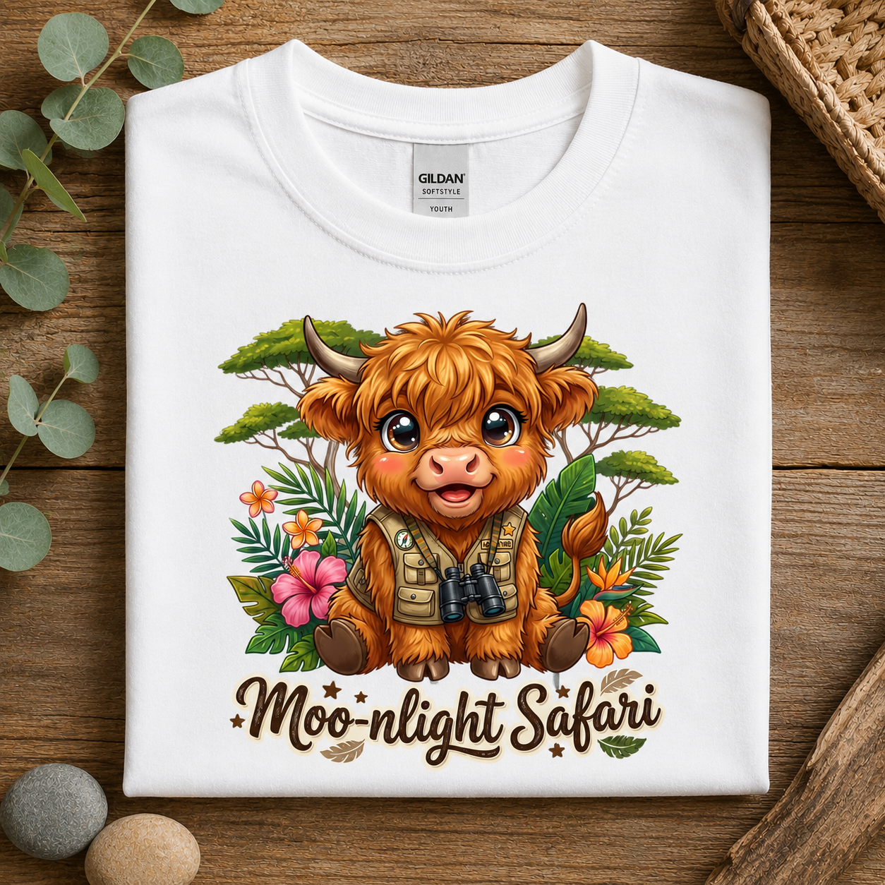 A folded white Gildan Softstyle T-shirt with a colorful cartoon Highland cow graphic and the words 'Moo-nlight Safari' printed on the front, styled on a wooden surface with eucalyptus leaves and stones.
