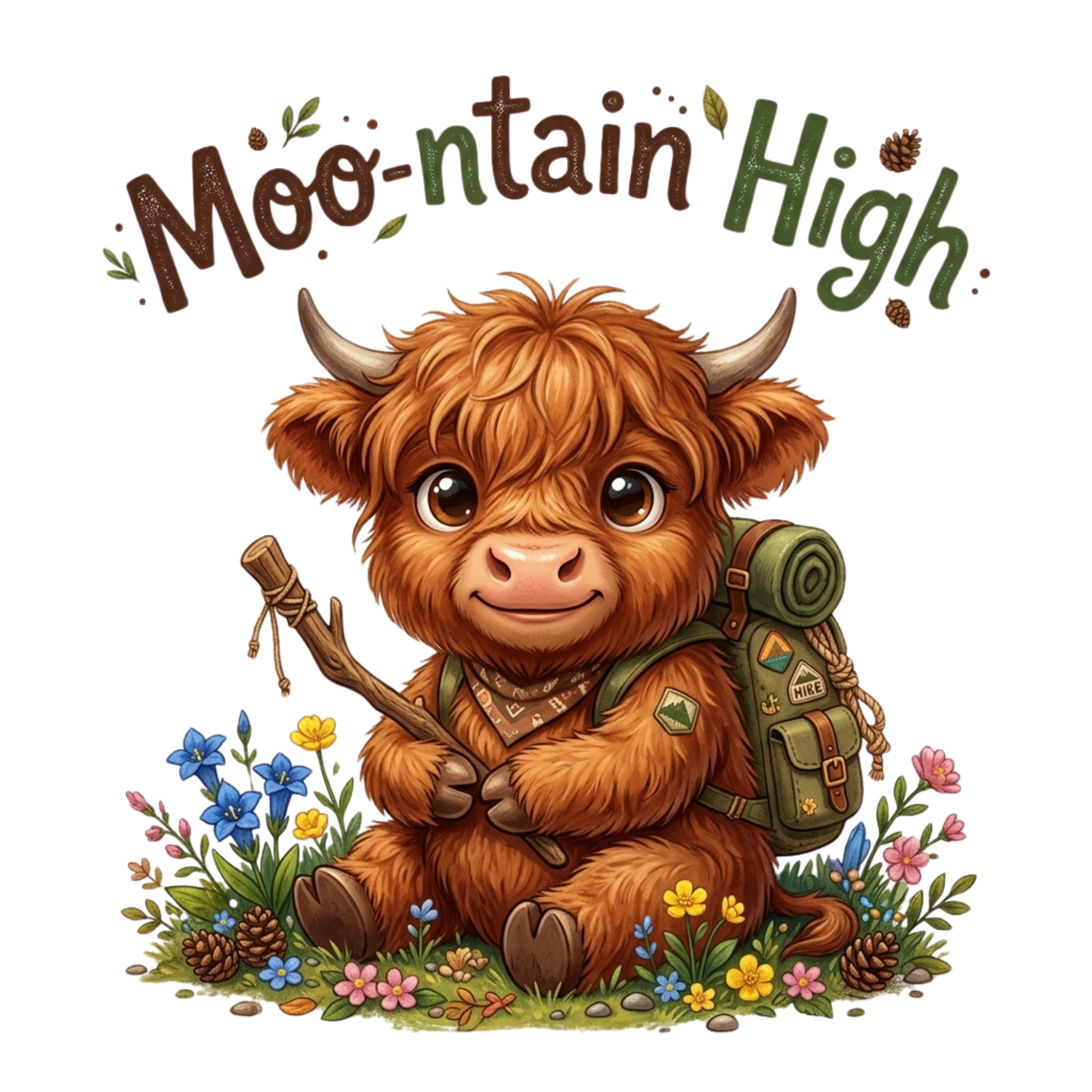 A cute cartoon illustration of a fluffy brown highland cow sitting on grass with flowers, holding a stick, and wearing an olive green hiking backpack. Above it is the phrase “Moo-ntain High” in stylized brown and green lettering on a plain white background.