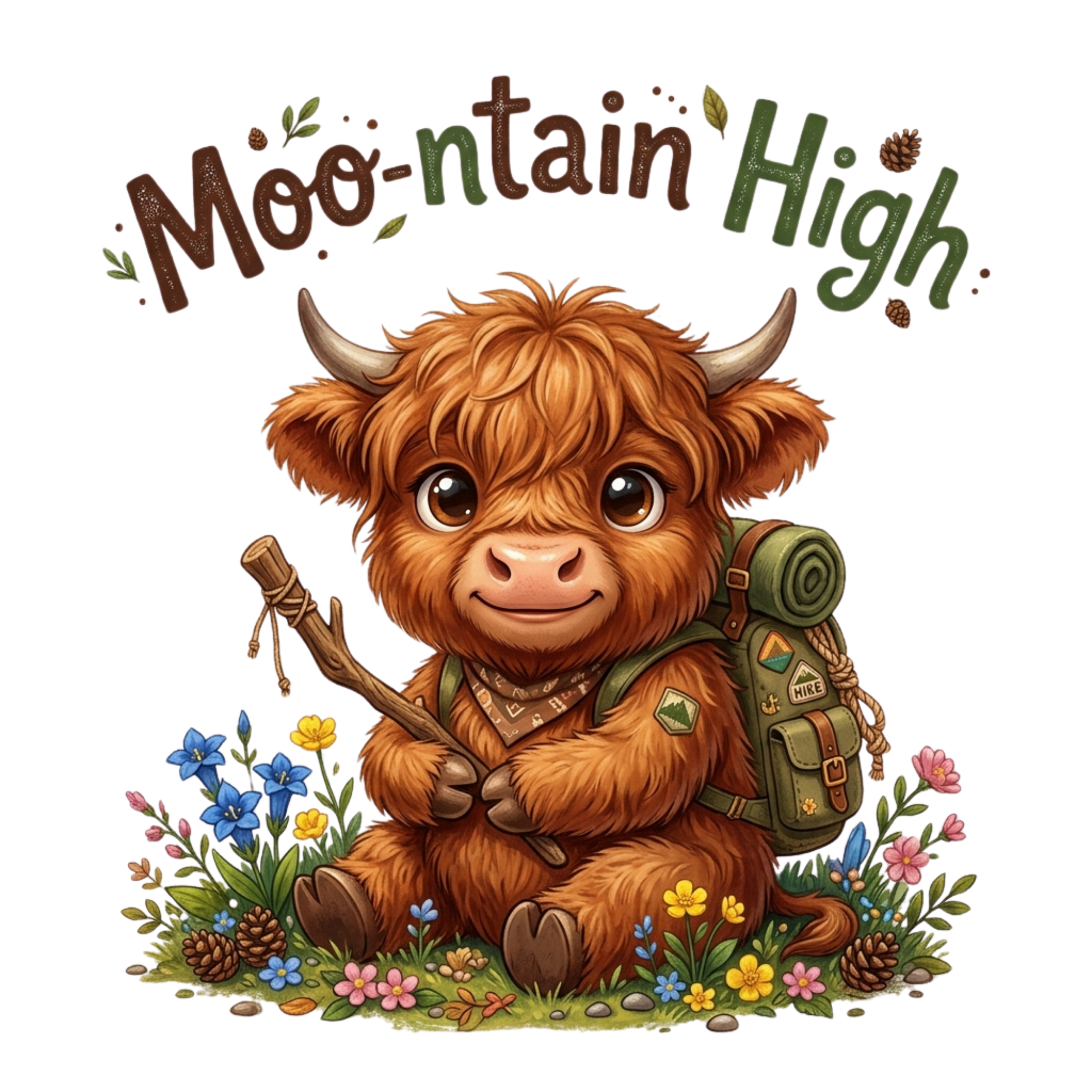 A cute cartoon illustration of a fluffy brown highland cow sitting on grass with flowers, holding a stick, and wearing an olive green hiking backpack. Above it is the phrase “Moo-ntain High” in stylized brown and green lettering on a plain white background.