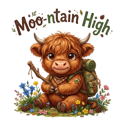 A cute cartoon illustration of a fluffy brown highland cow sitting on grass with flowers, holding a stick, and wearing an olive green hiking backpack. Above it is the phrase “Moo-ntain High” in stylized brown and green lettering on a plain white background.