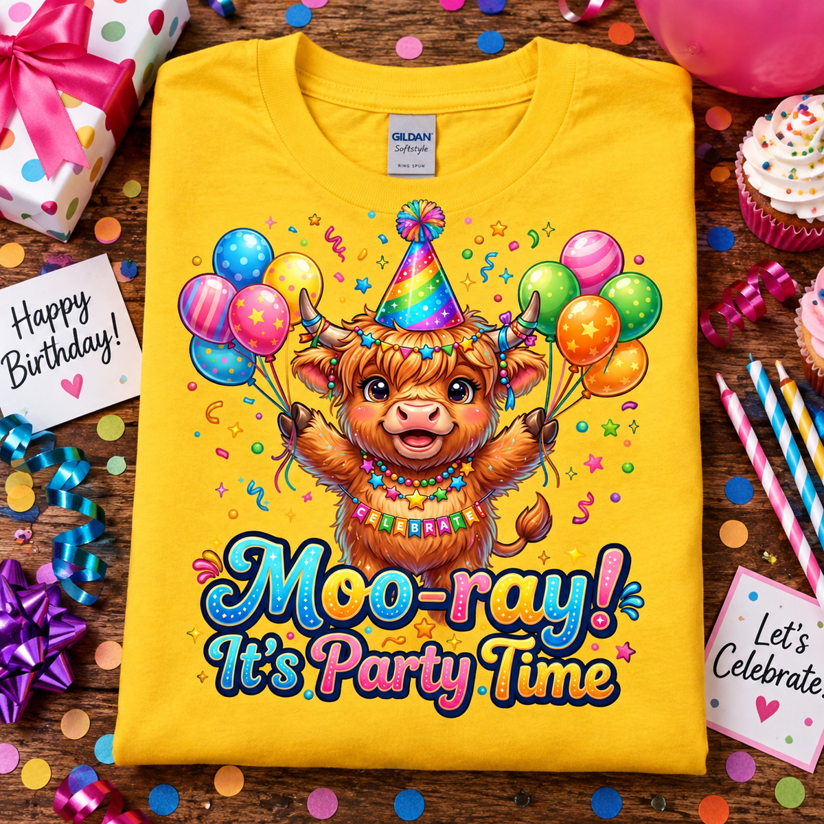 A folded daisy colored Gildan Comfort T-shirt with a colorful cartoon Scottish Highland cow party graphic and the text 'Moo-ray! It's Party Time,' styled on a wooden surface with birthday decorations, confetti, cupcakes, and gift boxes.
