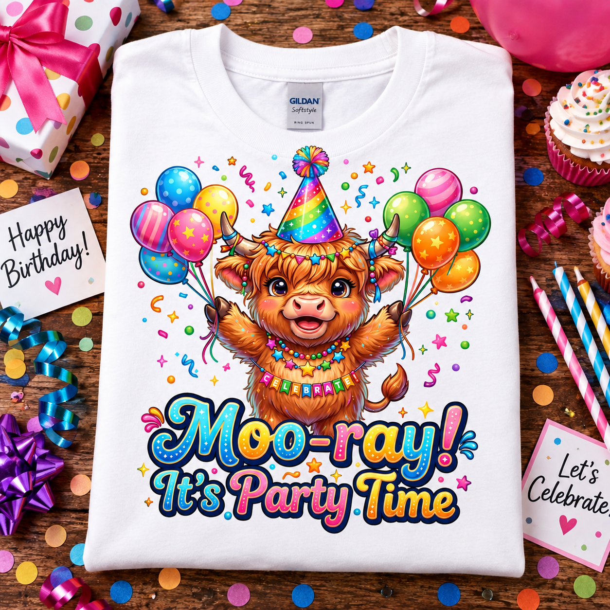 A folded white Gildan Comfort T-shirt is displayed on a wooden surface surrounded by birthday party props, including confetti, wrapped gifts, cupcakes, and party hats. The shirt features a colorful cartoon illustration of a Highland cow wearing a party hat and necklace, holding balloons, with the text 'Moo-ray! It's Party Time'.
