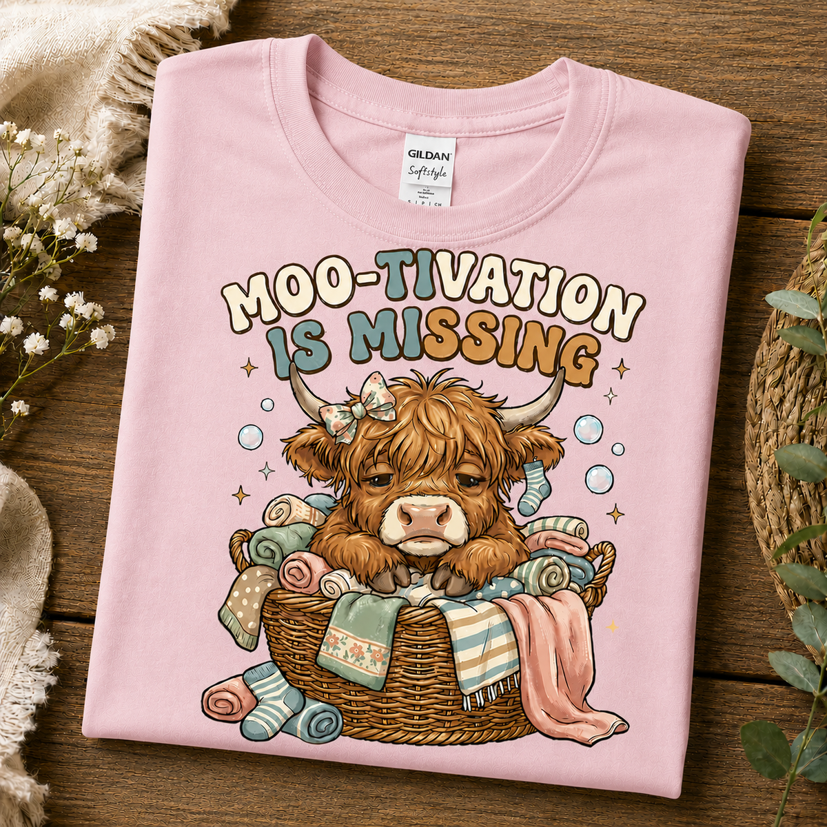 A folded light pink Gildan t-shirt with a cartoon Highland cow graphic and the text 'MOO-TIVATION IS MISSING' displayed on a rustic wooden background with decorative plants.