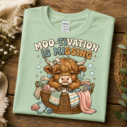 A folded mint green Gildan t-shirt with a cartoon Highland cow graphic sitting in a laundry basket, displayed on a rustic wooden background with decorative dried flowers and a woven mat.
