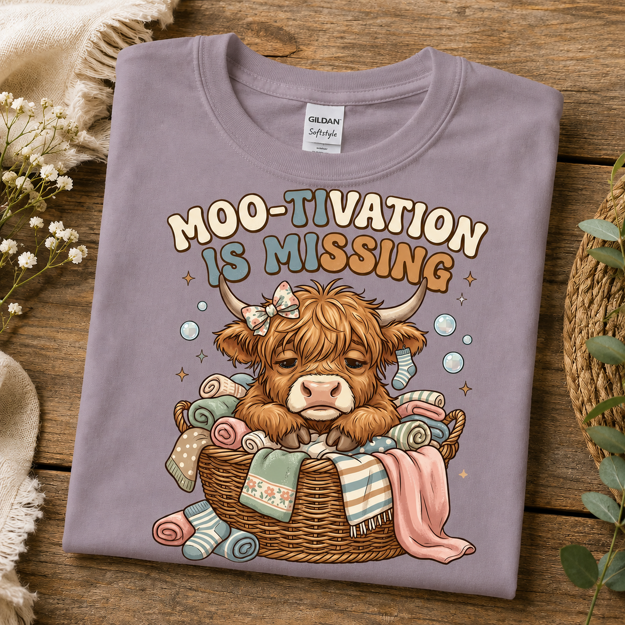 A folded paragon Gildan Softstyle t-shirt is displayed on a rustic wooden surface. The shirt features a cartoon illustration of a fluffy brown highland cow sitting in a wicker basket filled with folded blankets, beneath the text 'MOO-TIVATION IS MISSING' in a playful multicolor font.
