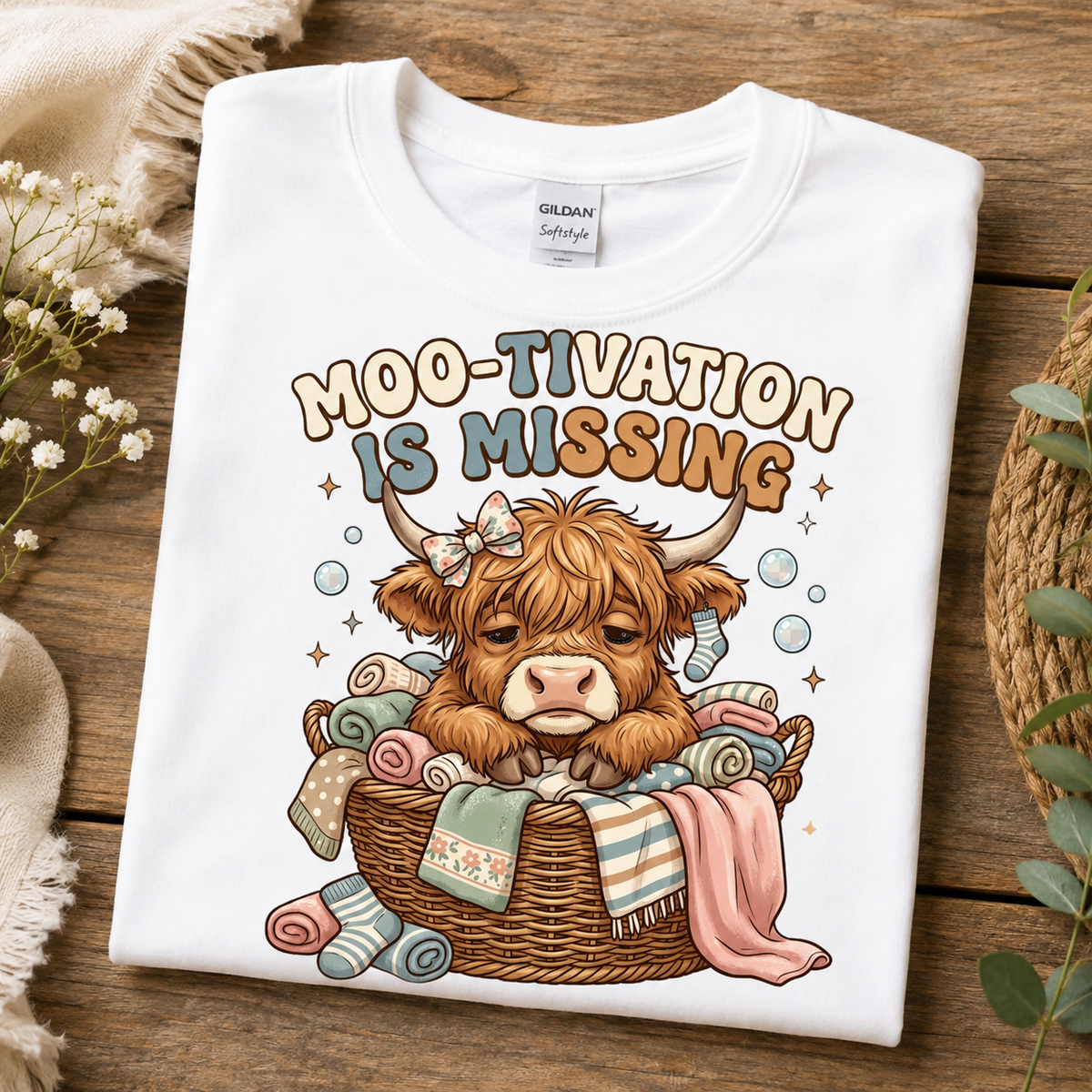 A folded white Gildan Softstyle T-shirt with a colorful cartoon graphic of a fluffy brown highland cow sitting in a basket of folded blankets, with the text 'MOO-TIVATION IS MISSING' above it. The shirt is displayed on a rustic wooden surface with decorative dried flowers and a wicker basket.