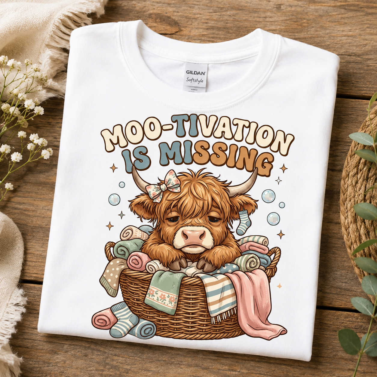 A folded white Gildan Softstyle T-shirt with a colorful cartoon graphic of a fluffy brown highland cow sitting in a basket of folded blankets, with the text 'MOO-TIVATION IS MISSING' above it. The shirt is displayed on a rustic wooden surface with decorative dried flowers and a wicker basket.