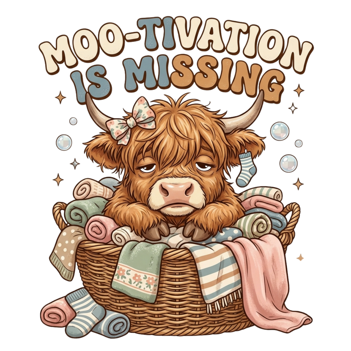 A cute fluffy brown highland cow sitting in a wicker laundry basket filled with folded towels, blankets, and socks, with the text 'MOO-TIVATION IS MISSING' above it on a white background.