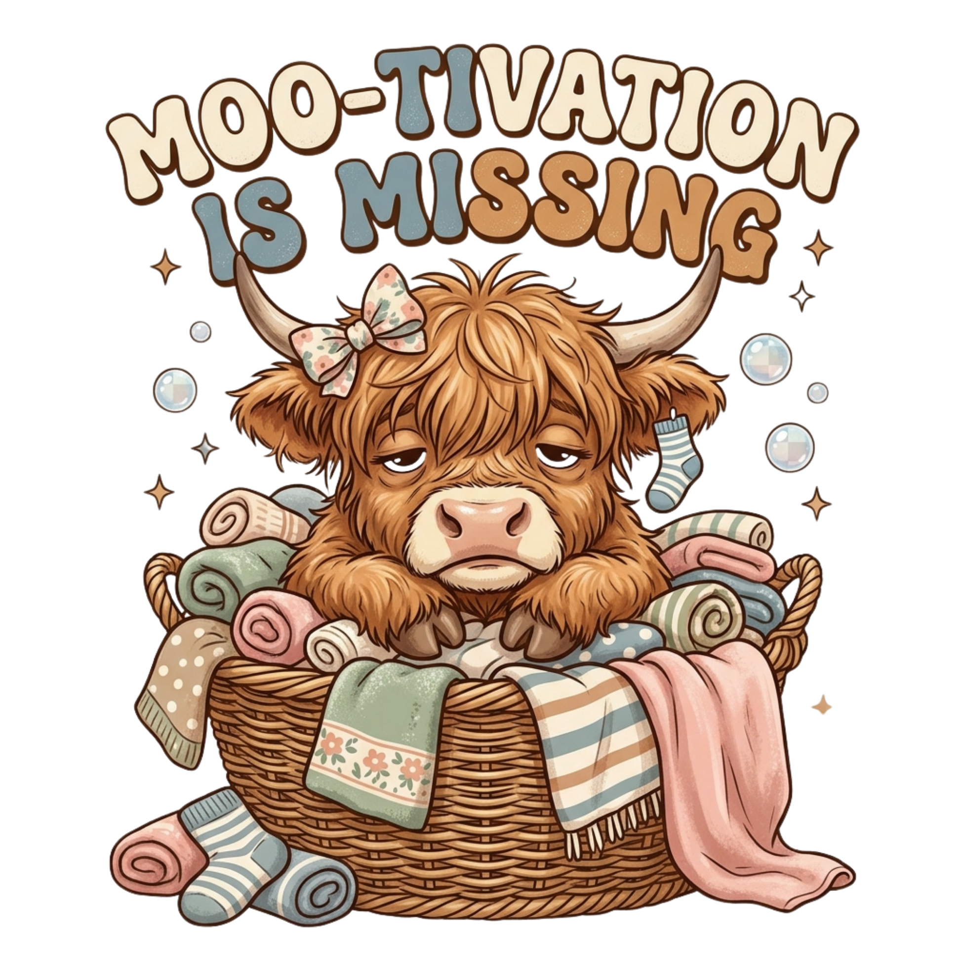 A cute fluffy brown highland cow sitting in a wicker laundry basket filled with folded towels, blankets, and socks, with the text 'MOO-TIVATION IS MISSING' above it on a white background.