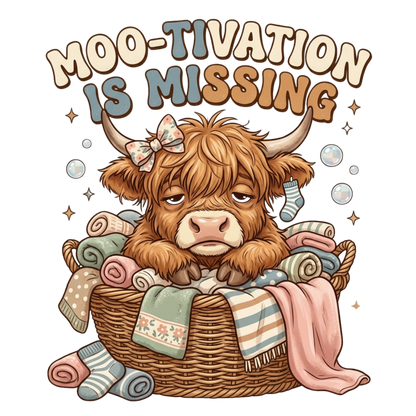 A cute fluffy brown highland cow sitting in a wicker laundry basket filled with folded towels, blankets, and socks, with the text 'MOO-TIVATION IS MISSING' above it on a white background.
