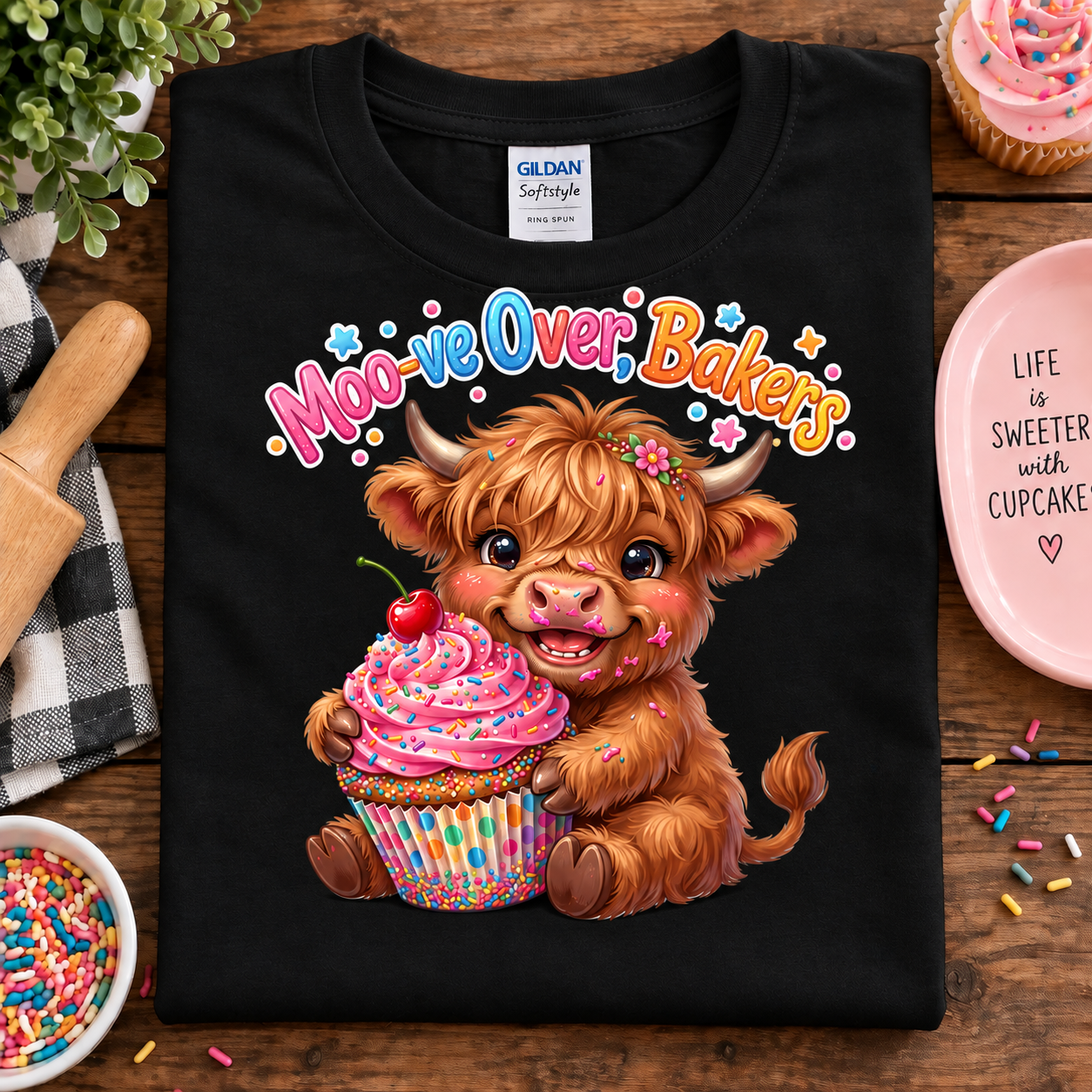 A black Gildan Softstyle t-shirt laid flat on a wooden table, featuring a colorful graphic of a fluffy brown highland cow holding a pink cupcake with a cherry. The text above reads 'Moo-ve Over Bakesh' in playful multicolored lettering.
