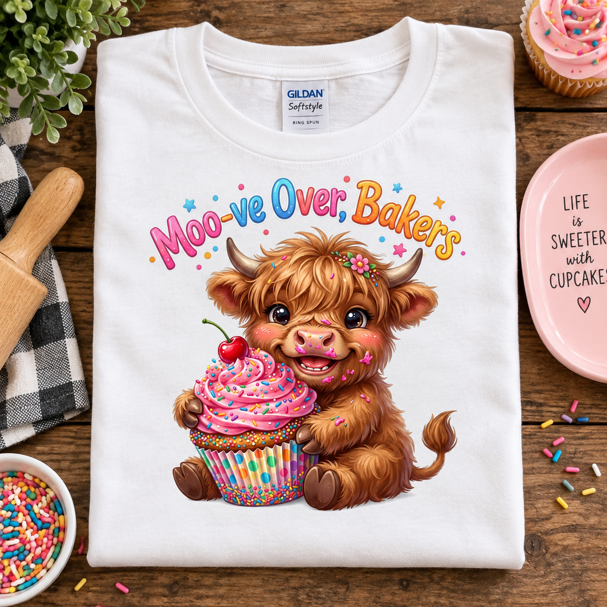 A folded white Gildan Sofstyle t-shirt with a colorful graphic of a cute brown highland cow holding a pink cupcake, with the text 'Moo-ve Over, Bakers'. The shirt is displayed in a styled flat-lay on a wooden table with baking props.
