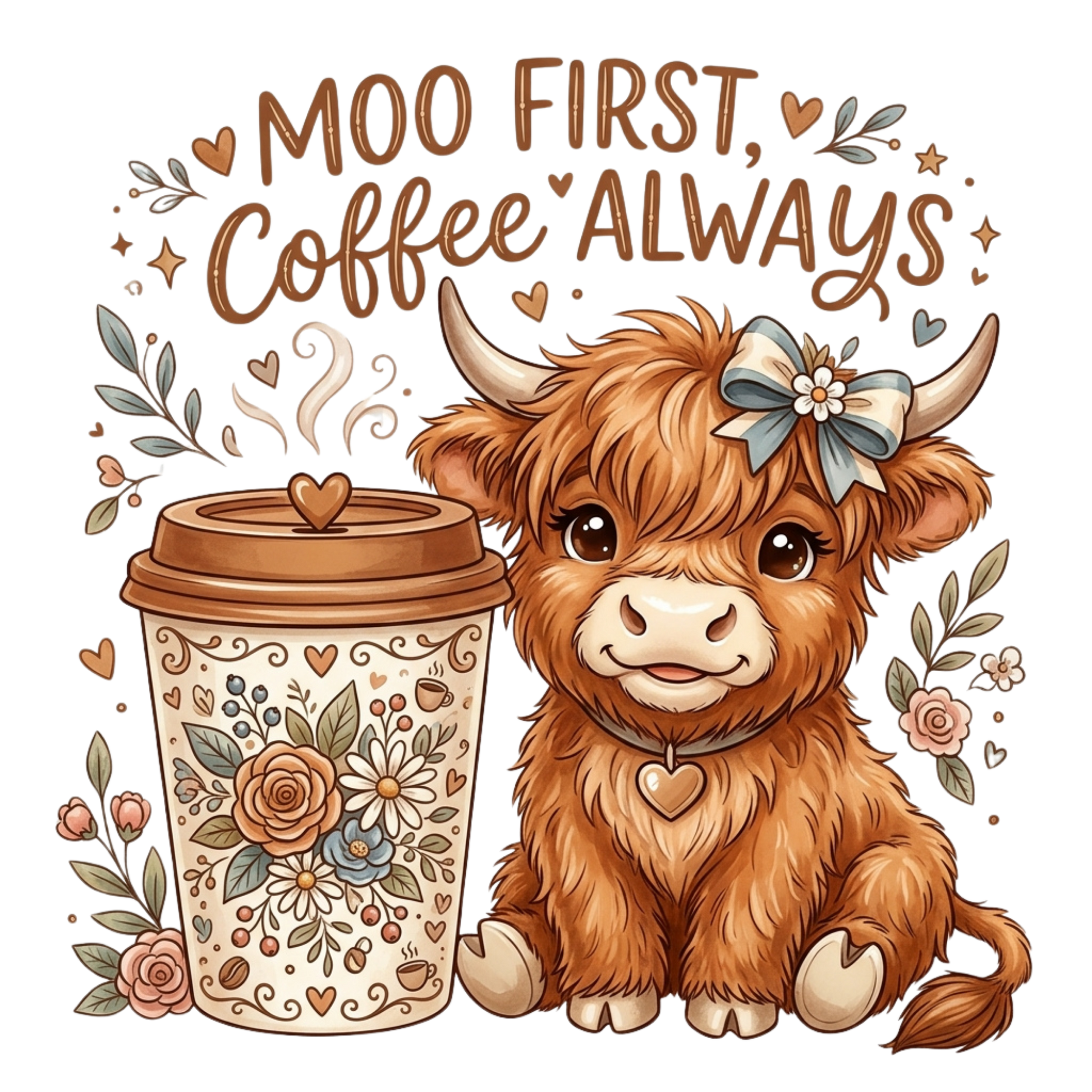 A cute graphic design featuring a fluffy brown highland cow with a blue bow next to a floral coffee cup, with the text 'MOO FIRST, Coffee ALWAYS' above them on a white background.