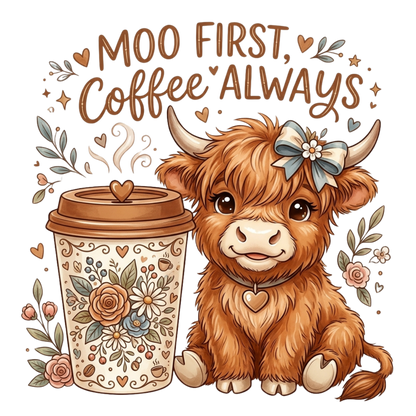 A cute graphic design featuring a fluffy brown highland cow with a blue bow next to a floral coffee cup, with the text 'MOO FIRST, Coffee ALWAYS' above them on a white background.