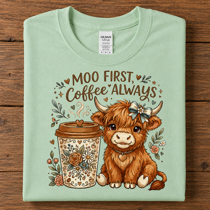 A folded light mint green t-shirt with a graphic print of a cute brown Scottish Highland cow and a coffee cup, with the text 'MOO FIRST, Coffee ALWAYS' in brown, laid flat on a dark wood background.