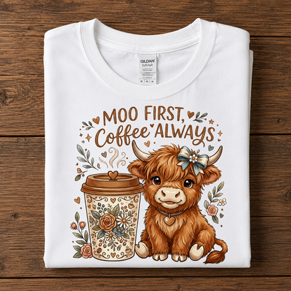 A folded white Gildan t-shirt with a cute graphic of a fluffy brown highland cow and a floral coffee cup, with the text 'MOO FIRST. Coffee ALWAYS.