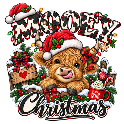 A festive Christmas graphic featuring a cute highland cow with horns, wearing a red Santa hat and bow, surrounded by holiday decorations. The text 'Mooey Christmas' is written in stylized lettering with cow-print patterns, red plaid bows, snow, and a mug of hot chocolate with whipped cream and a candy cane.