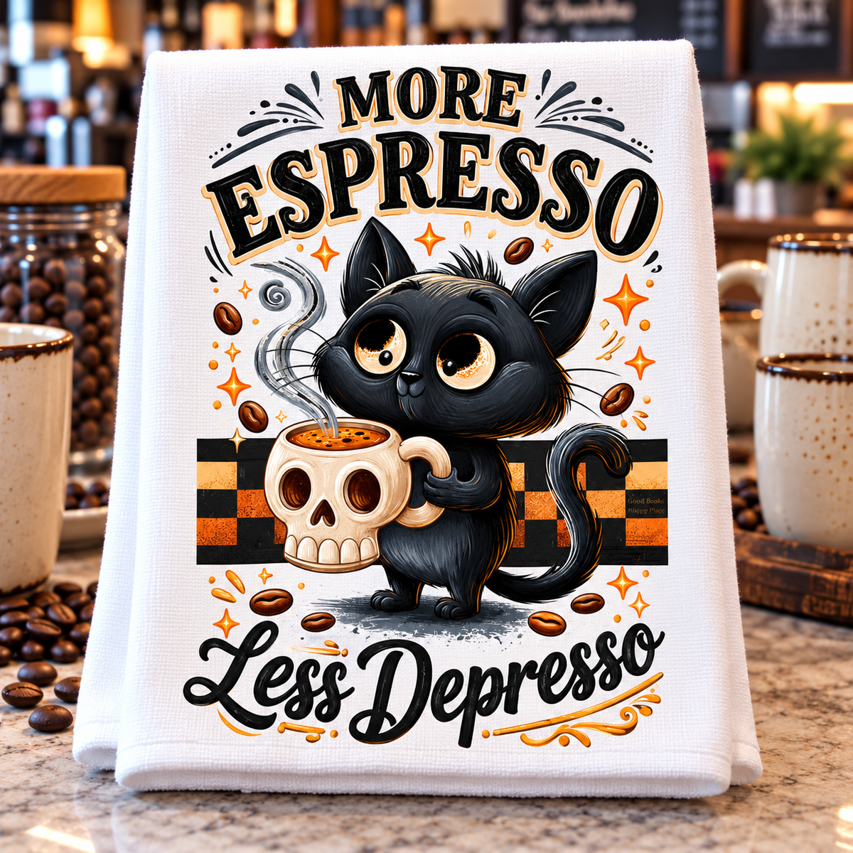 A white kitchen towel featuring a cartoon black cat holding a skull coffee cup with the text 'MORE ESPRESSO' and 'Less Depresso', 