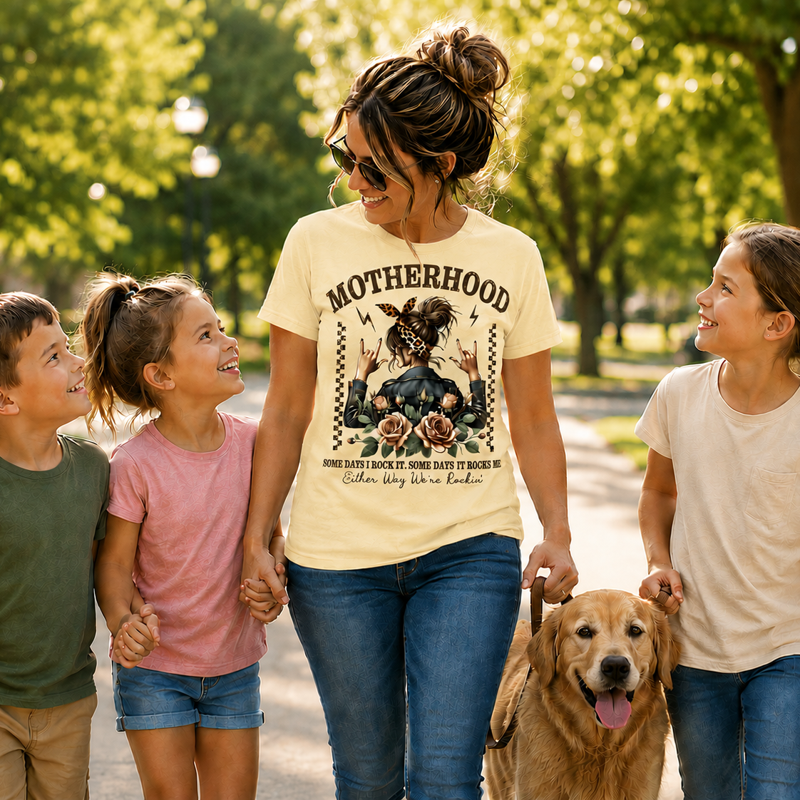 Woman wearing a banana colored graphic t-shirt with Motherhood saying on it walking with three children and a dog in a park