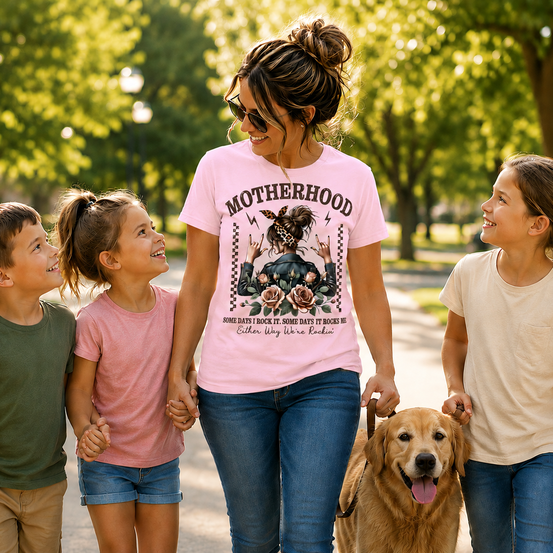 Woman wearing a blossom colored graphic t-shirt with Motherhood saying on it walking with three children and a dog in a park