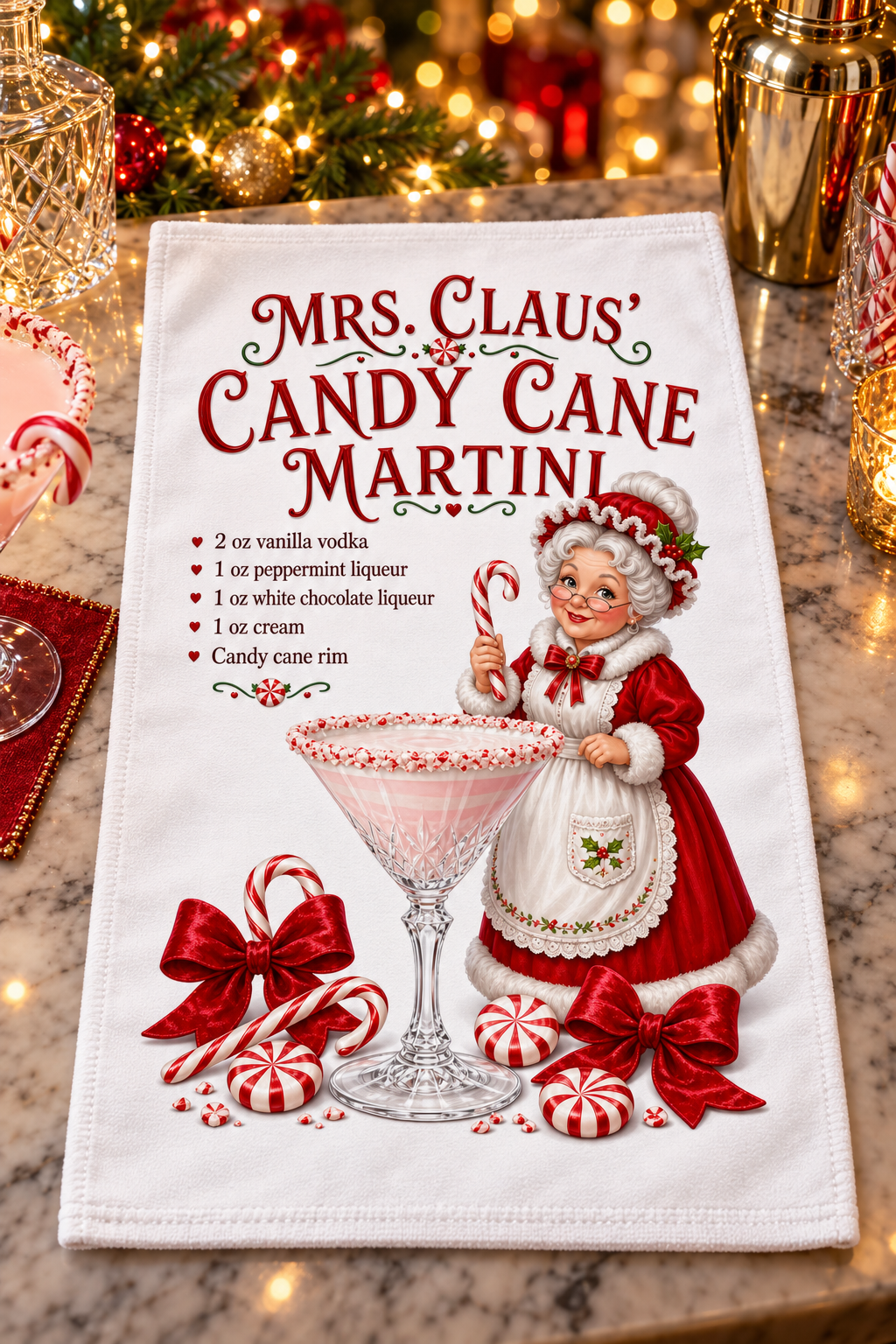 A white kitchen towel featuring a festive Christmas design with the text 'Mrs. Claus' Candy Cane Martini' and a recipe list, shown on a granite countertop with holiday decorations in the background.