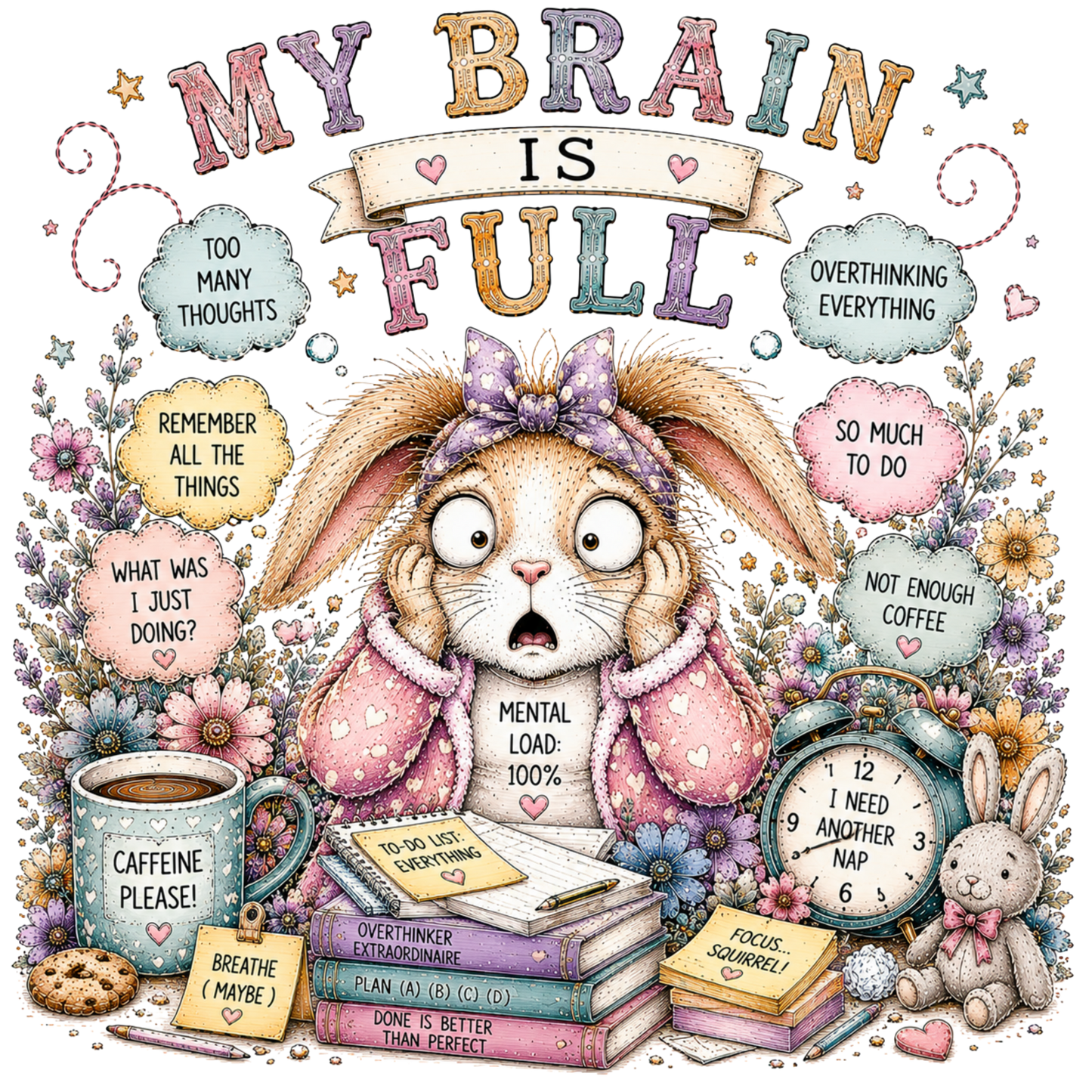 A whimsical poster-style design with the text 'MY BRAIN IS FULL' above a startled bunny surrounded by motivational phrases, flowers, books, a mug, and an alarm clock on a white background.