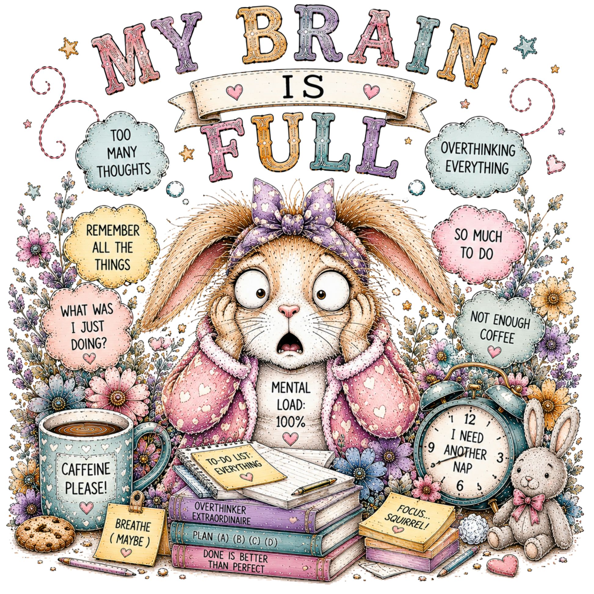 A whimsical poster-style design with the text 'MY BRAIN IS FULL' above a startled bunny surrounded by motivational phrases, flowers, books, a mug, and an alarm clock on a white background.