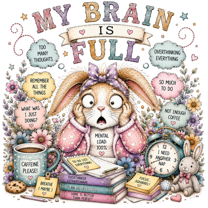 A whimsical poster-style design with the text 'MY BRAIN IS FULL' above a startled bunny surrounded by motivational phrases, flowers, books, a mug, and an alarm clock on a white background.