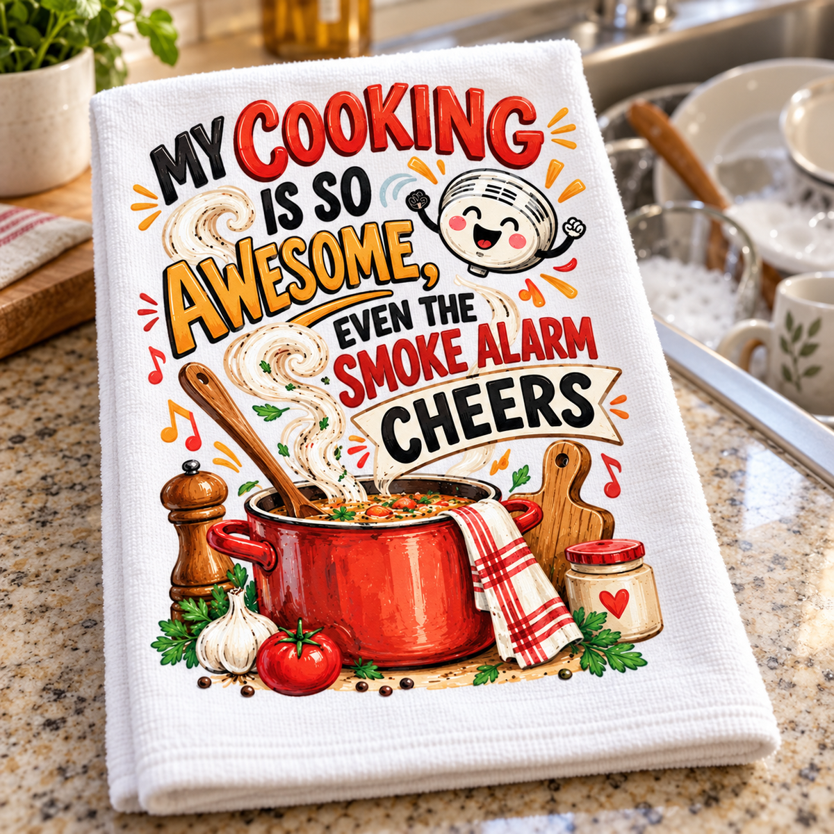 A white kitchen towel with a colorful cooking-themed graphic and the phrase 'MY COOKING IS SO AWESOME, EVEN THE SMOKE ALARM CHEERS,' shown leaning on a granite countertop with dishes in the background.