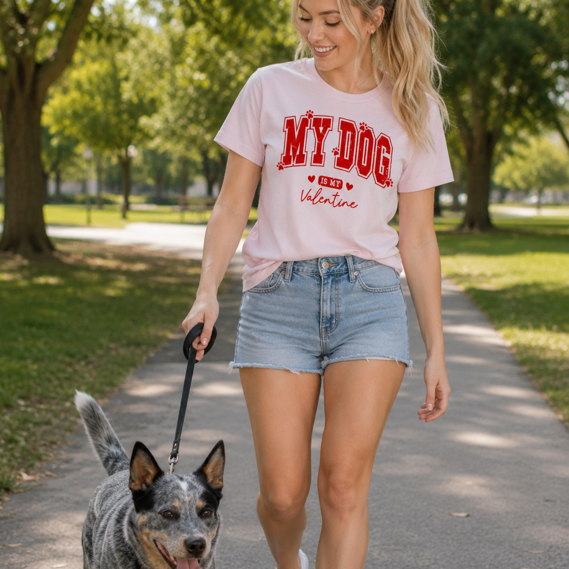 Woman walking a dog in a park wearing a light pink t-shirt with 'MY DOG IS MY VALENTINE' text.