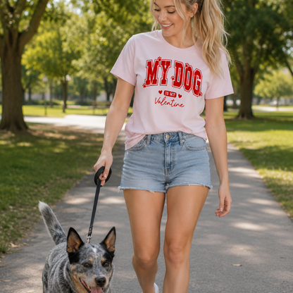 Woman walking a dog in a park wearing a light pink t-shirt with 'MY DOG IS MY VALENTINE' text.