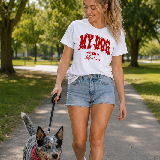 Woman walking a dog in a park wearing a white t-shirt with red text My Dog is my Valentine
