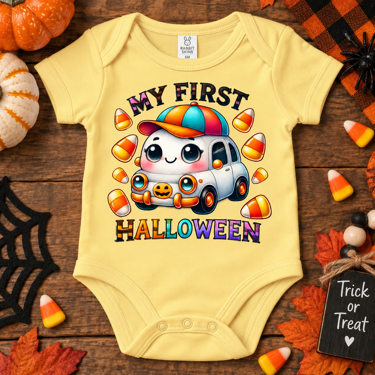 A butter colored short-sleeve baby bodysuit laid flat on a rustic wood surface, decorated with Halloween props including pumpkins, candy corn, autumn leaves, a spider web cutout, and a small sign reading 'Trick or Treat'. The bodysuit features a colorful cartoon graphic of a white car wearing a rainbow cap, surrounded by candy corn, with the text 'MY FIRST HALLOWEEN'.
