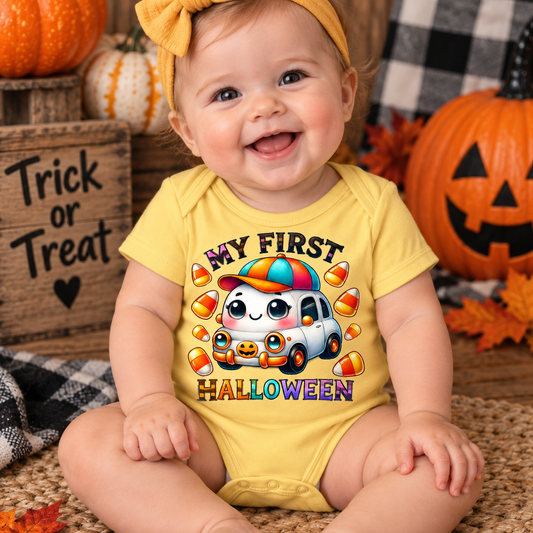 A smiling baby wearing a yellow short-sleeve bodysuit with a colorful cartoon car and the words 'MY FIRST HALLOWEEN' surrounded by candy corn, seated in a fall-themed setting with pumpkins and autumn decor.