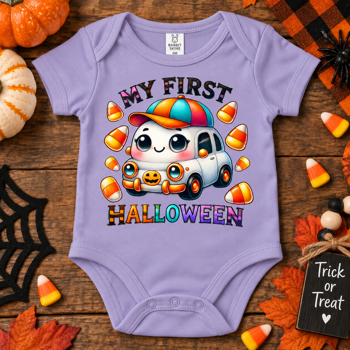 A lavender short-sleeve baby bodysuit laid flat on a rustic wood surface, decorated with Halloween props including pumpkins, candy corn, autumn leaves, a spider web cutout, and a small sign reading 'Trick or Treat'. The bodysuit features a colorful cartoon graphic of a white car wearing a rainbow cap, surrounded by candy corn, with the text 'MY FIRST HALLOWEEN'.