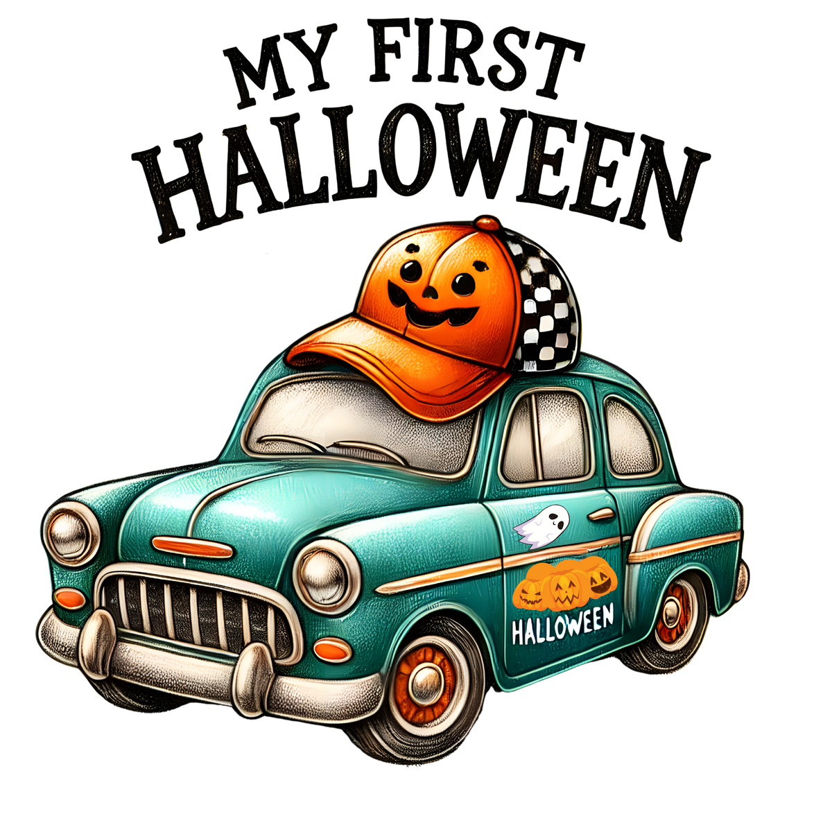 A cartoon-style graphic with the text 'MY FIRST HALLOWEEN' above a teal vintage car wearing an orange pumpkin-patterned cap. The side of the car has a Halloween-themed decal with a ghost and pumpkin graphic on a plain white background.