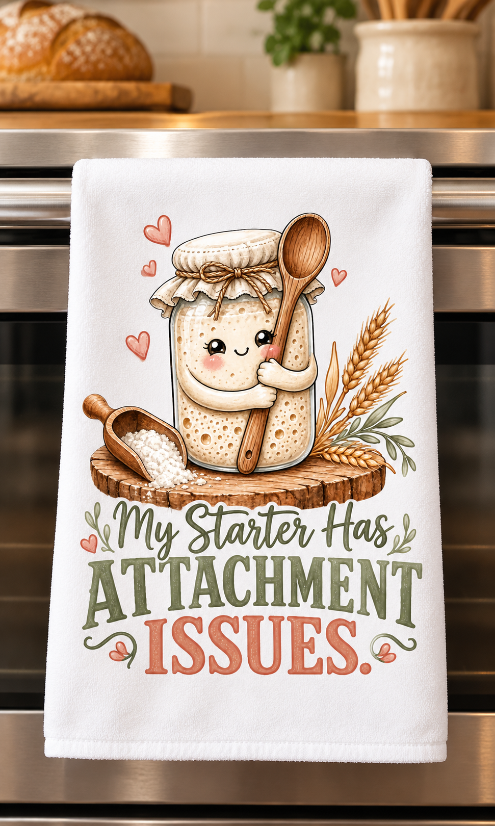 A white kitchen towel hanging on a stainless steel oven handle, featuring a cute illustration of a smiling jar of honey with a wooden spoon and wheat ears, above the text 'My Starter Has ATTACHMENT ISSUES.' in green and coral lettering.