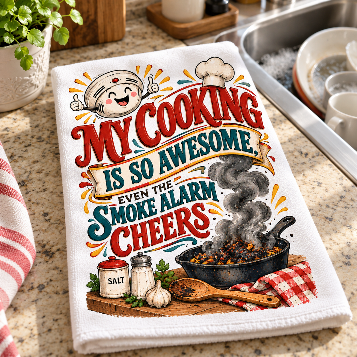 A white kitchen towel with a colorful graphic design that reads 'MY COOKING IS SO AWESOME, EVEN THE SMOKE ALARM CHEERS' in red, blue, and yellow lettering, styled on a granite countertop next to a sink.