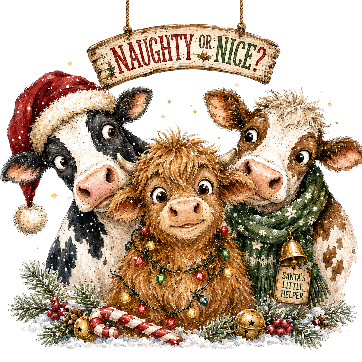 Naughty or Nice Cow Trio with Candy Cane, Lights and Holly