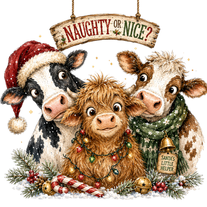 Naughty or Nice Cow Trio with Candy Cane, Lights and Holly
