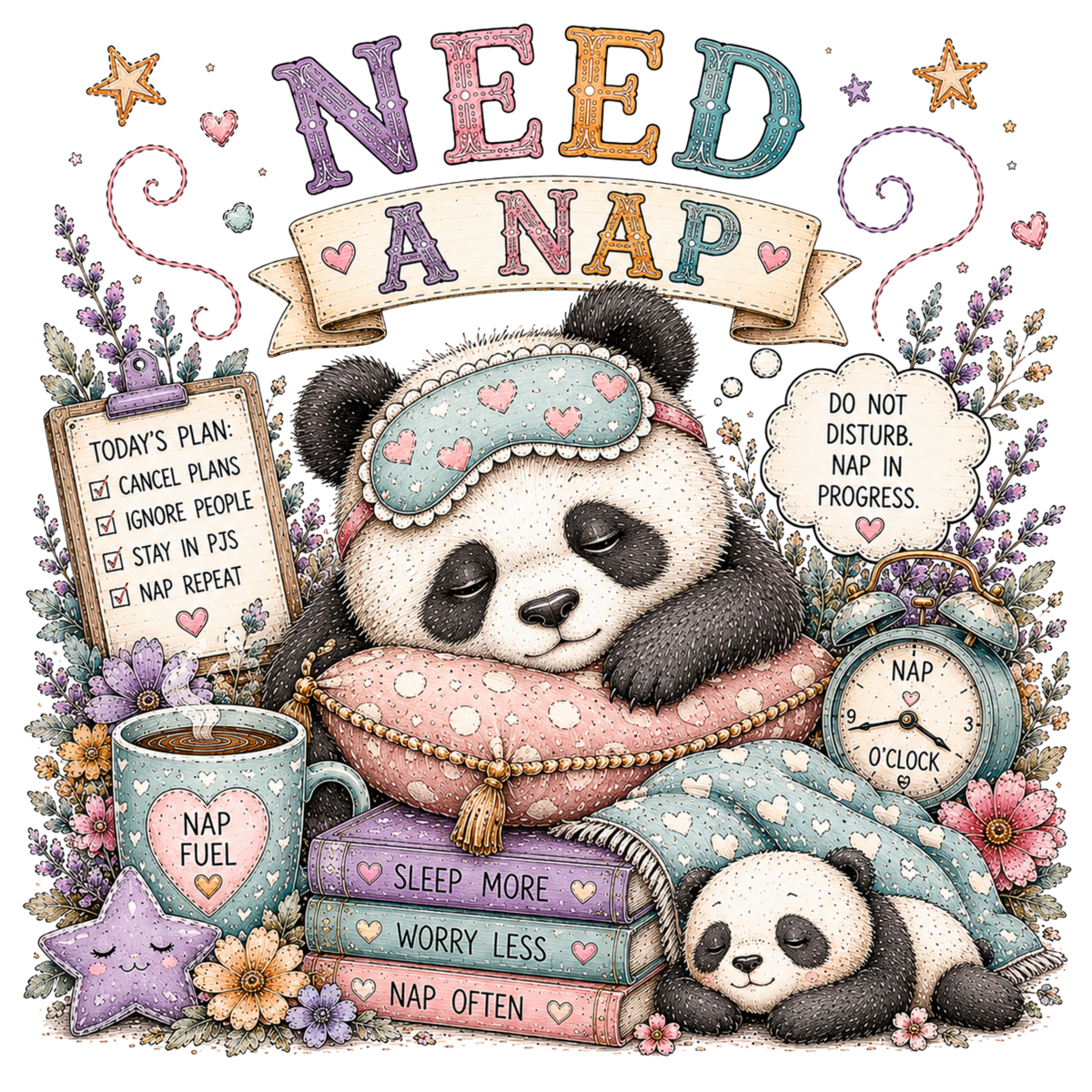 A whimsical design featuring two sleeping pandas, a large banner reading “NEED A NAP,” a clipboard with nap-related rules, a mug labeled “NAP FUEL,” stacked sleep books, flowers, stars, and a clock, all in a pastel hand-drawn style.