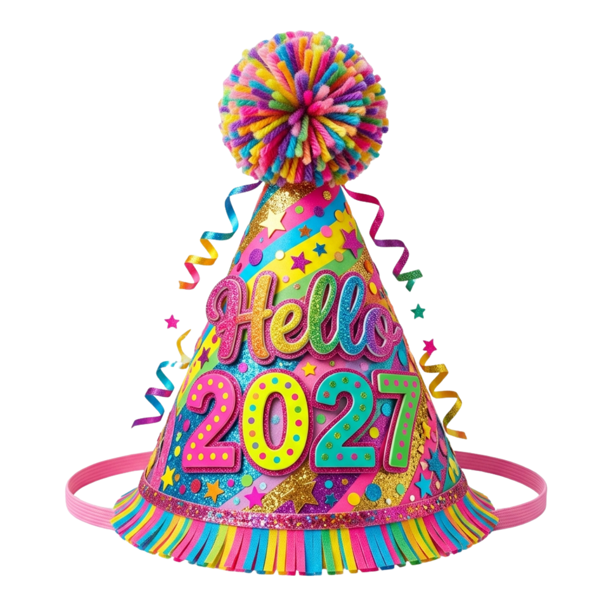 A colorful birthday party hat with a pom-pom on top, featuring the text 'Hello 2027' in bright neon-style lettering, stars, stripes, and fringe trim, shown on a plain white background.