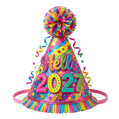 A colorful birthday party hat with a pom-pom on top, featuring the text 'Hello 2027' in bright neon-style lettering, stars, stripes, and fringe trim, shown on a plain white background.
